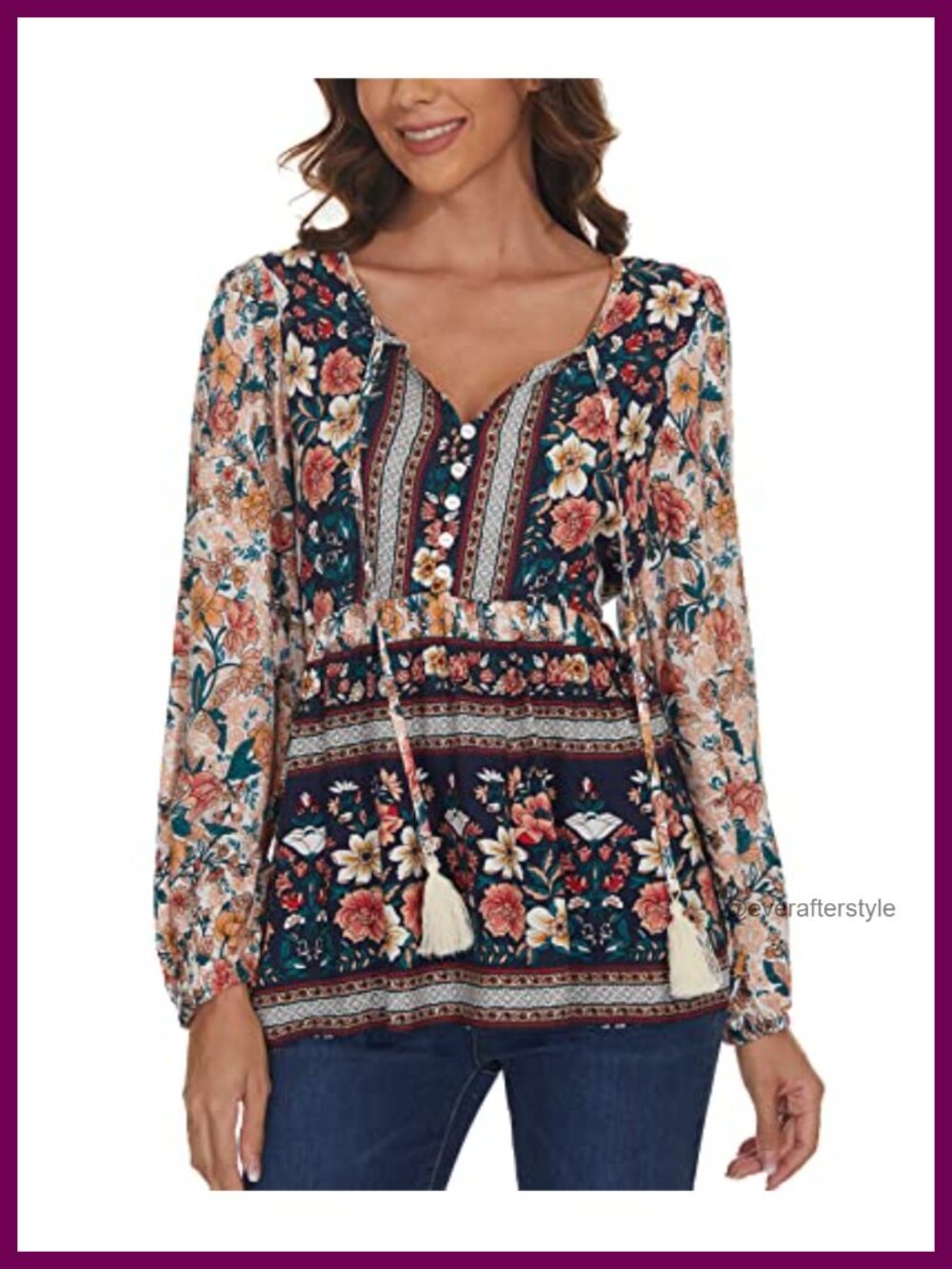 Women's Floral Boho Tunic Top Long Sleeve V-Neck Self-Tie Blouse